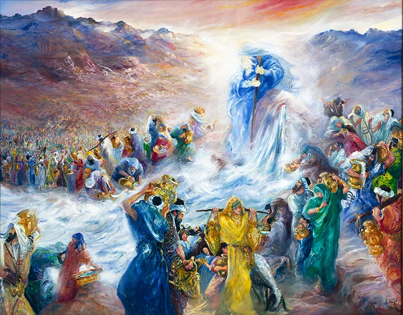 Moses striking the rock, painting by Huvy Elisha